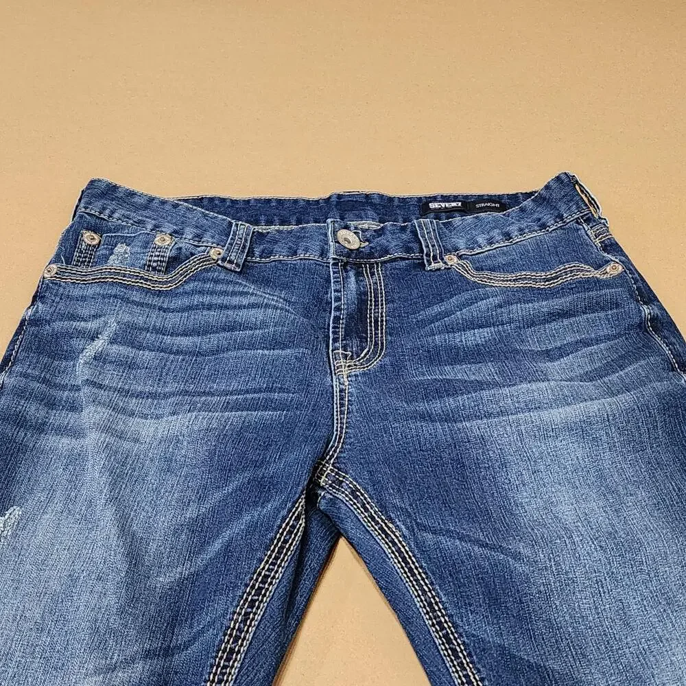 Seven7 Straight Jeans Mens 34x29 Blue Medium Wash Distressed Stretch Denim
